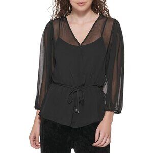 DKNY Women's Black Tie Waist Sheer Surplice Blouse Peplum Top Size M